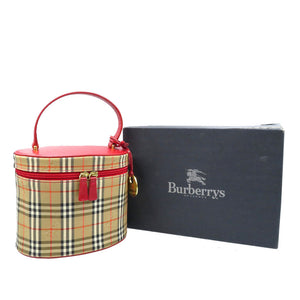 美品 バーバリー ノバチェック キャンバス レザー ゴールド金具 ベージュ レッド バニティバッグ ハンドバッグ 0105【中古】BURBERRY