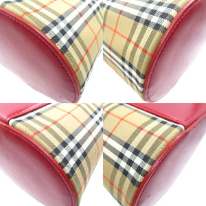 美品 バーバリー ノバチェック キャンバス レザー ゴールド金具 ベージュ レッド バニティバッグ ハンドバッグ 0105【中古】BURBERRY