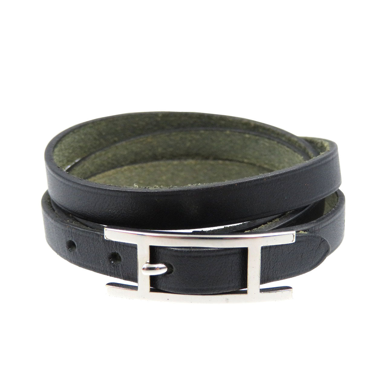 美品 エルメス アピ3 レザー □E刻印 ブラック 黒 シルバー ブレスレット 0154【中古】HERMES