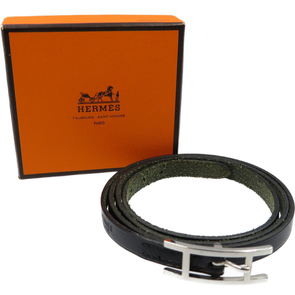 美品 エルメス アピ3 レザー □E刻印 ブラック 黒 シルバー ブレスレット 0154【中古】HERMES