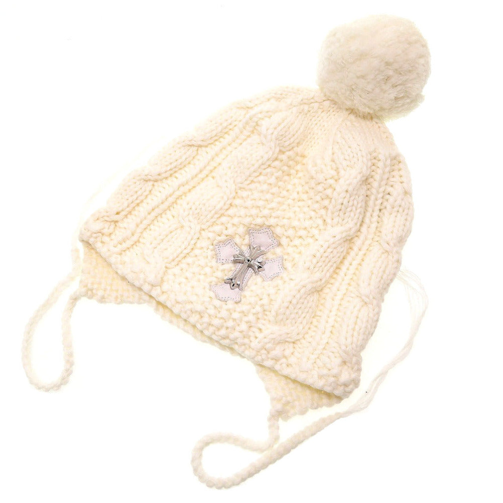 新品同様 クロムハーツ セメタリークロス PONPON ロジウム加工 ビーニー カシミヤ ラムスキン 1 ホワイト 白 ニット帽 帽子 0165【中古】CHROME HEARTS