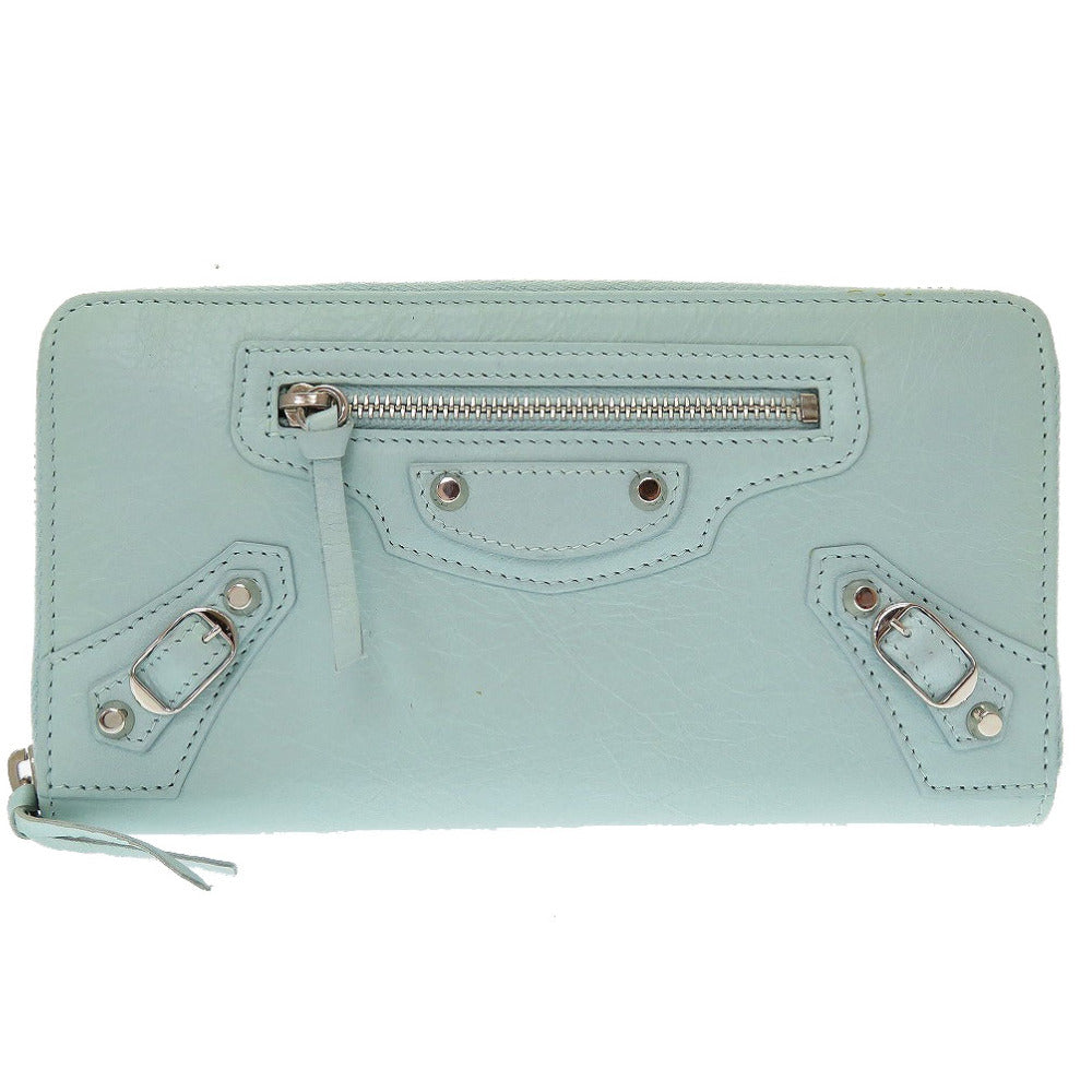 新品同様 バレンシアガ クラシックコンチネンタル 253036 レザー 水色 ラウンドファスナー長財布 財布 0022【中古】BALENCIAGA