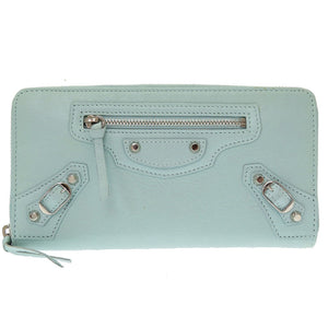 新品同様 バレンシアガ クラシックコンチネンタル 253036 レザー 水色 ラウンドファスナー長財布 財布 0022【中古】BALENCIAGA