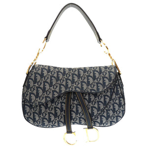 新品同様 クリスチャン ディオール ダブル サドルバッグ トロッター キャンバス ネイビー ハンドバッグ バッグ 紺 0072 【中古】 Christian Dior