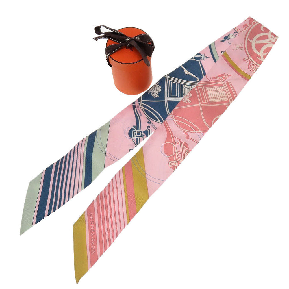 美品 エルメス ツイリー 馬車 シルク ピンク スカーフ 0098【中古】HERMES