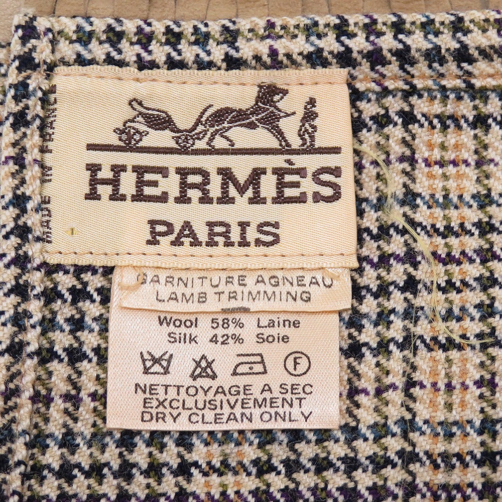 美品 エルメス ウール シルク フリンジ チェック ベージュ マフラー 0141【中古】HERMES