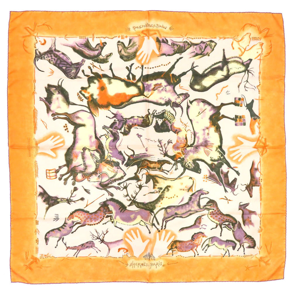 美品 エルメス カレ90 PREMIERES MAINS 最初の手 シルク オレンジ スカーフ 0009 【中古】 HERMES