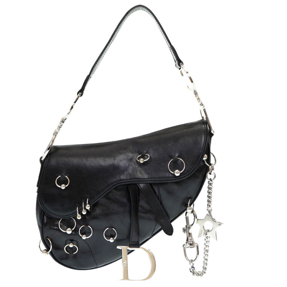 美品 クリスチャン ディオール サドルバッグ ハードコア レザー ハンドバッグ ブラック 黒 0016【中古】Dior
