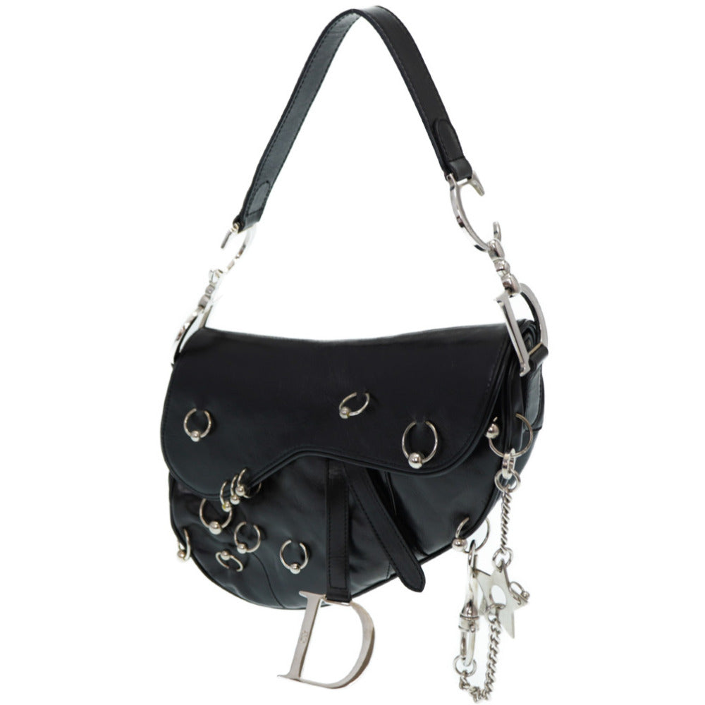 美品 クリスチャン ディオール サドルバッグ ハードコア レザー ハンドバッグ ブラック 黒 0016【中古】Dior