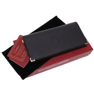 未使用 カルティエ マスト レザー ブラック ボルドー 黒 紫 2つ折り長財布 財布 メンズ 0030【中古】Cartier
