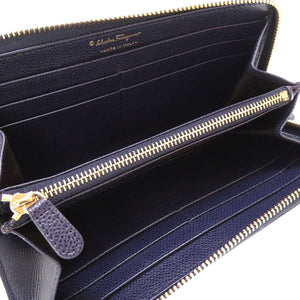 新品同様 フェラガモ ヴァラリボン 22-C907 レザー ネイビー 紺 L字ファスナー長財布 財布 0031【中古】Feragamo