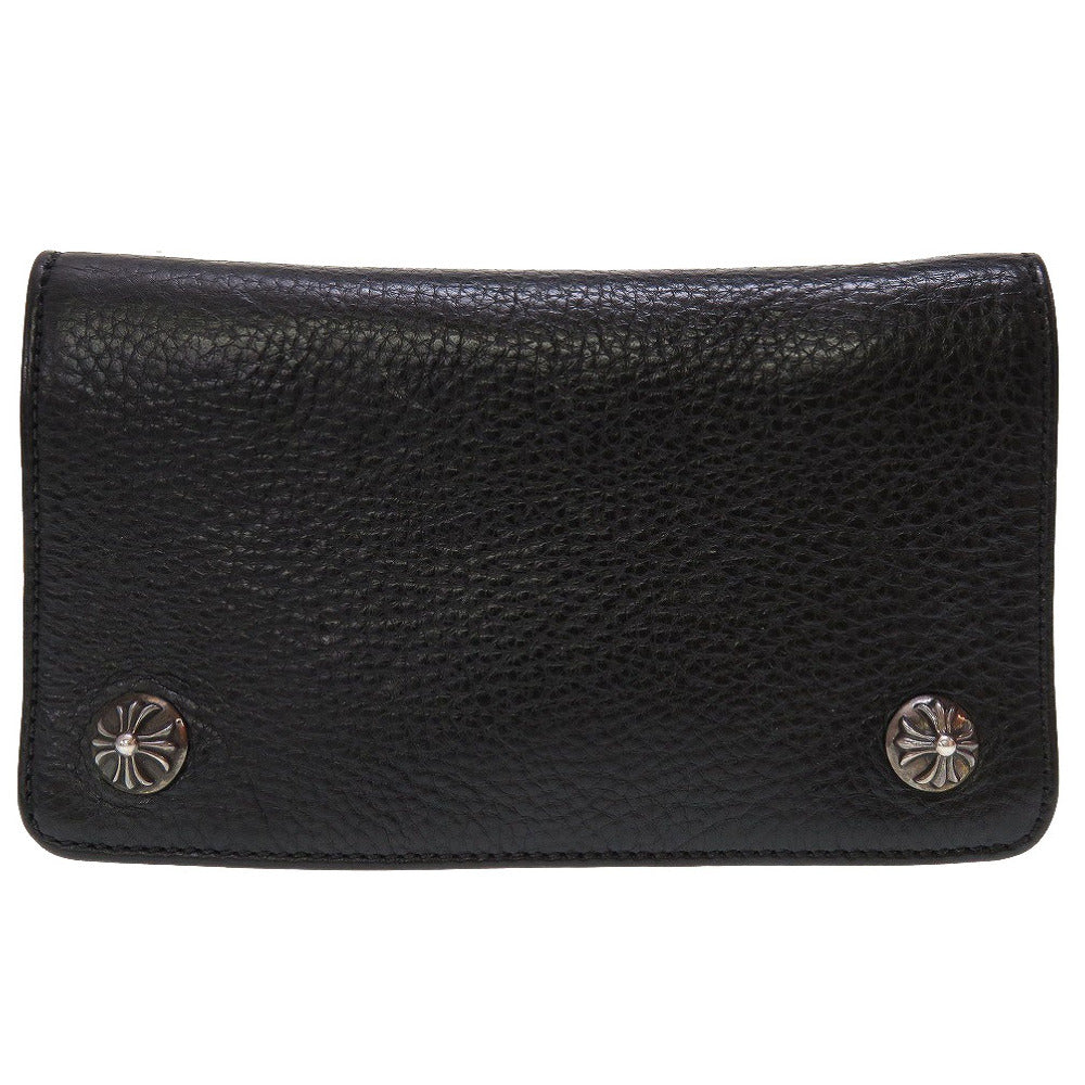 クロムハーツ クロスボタン レザー ブラック シルバー925 黒 ウォレット 2つ折り財布 財布 0032【中古】Chrome Hearts