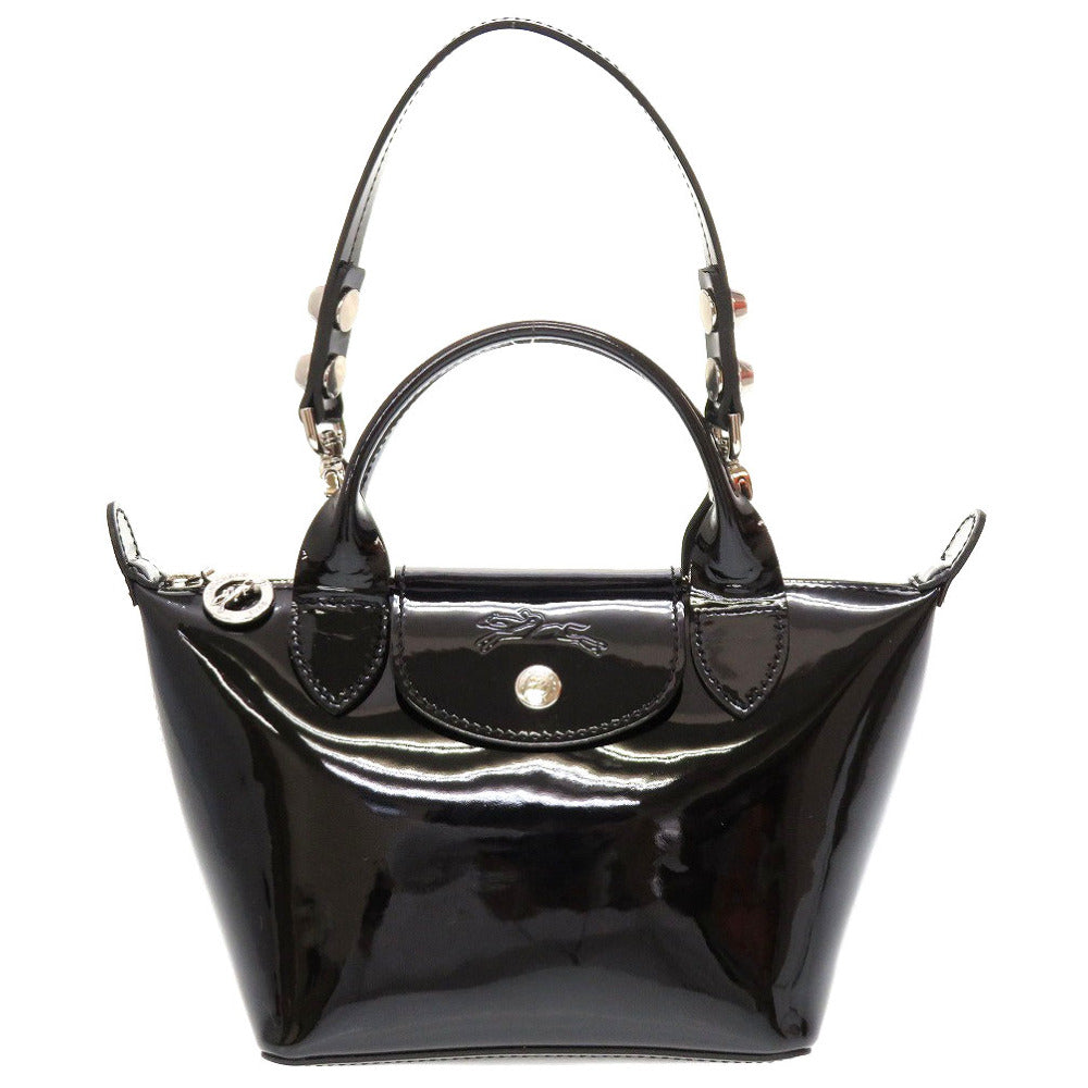 新品同様 ロンシャン エナメルレザー ブラック 黒 2way ハンドバッグ 0034【中古】LONGCHAMP
