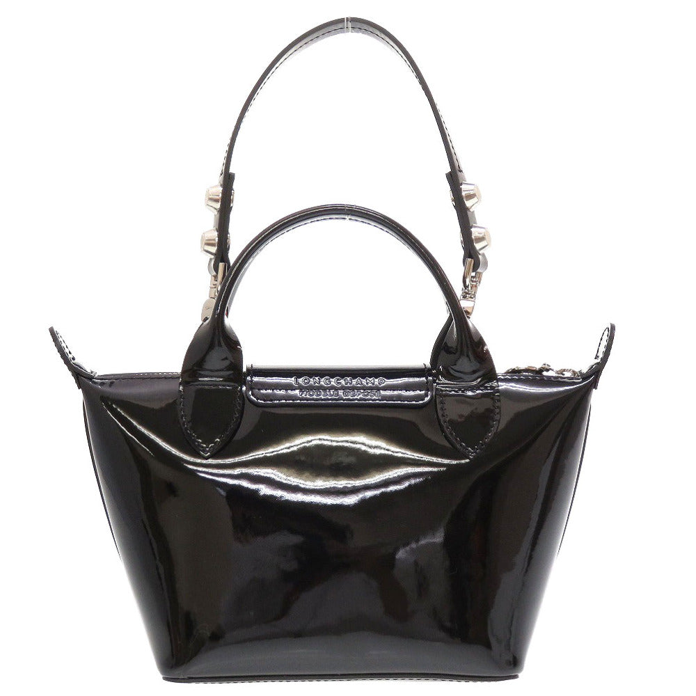 新品同様 ロンシャン エナメルレザー ブラック 黒 2way ハンドバッグ 0034【中古】LONGCHAMP
