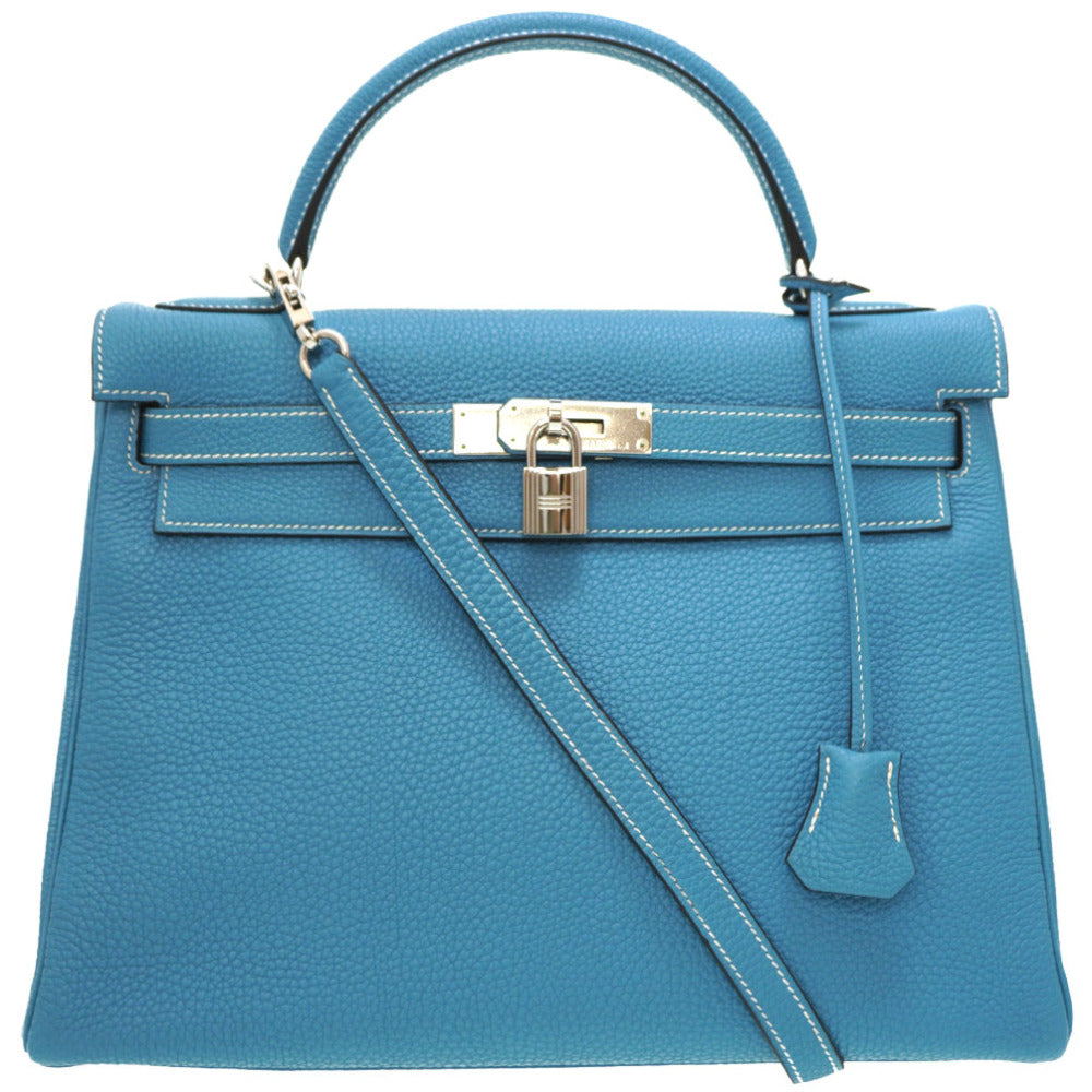 新品同様 エルメス ケリー32 トゴ ブルージーン シルバー金具 □G刻印(2003年製) ハンドバッグ  0039【中古】HERMES ストラップ付