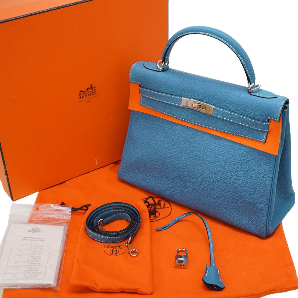 新品同様 エルメス ケリー32 トゴ ブルージーン シルバー金具 □G刻印(2003年製) ハンドバッグ  0039【中古】HERMES ストラップ付