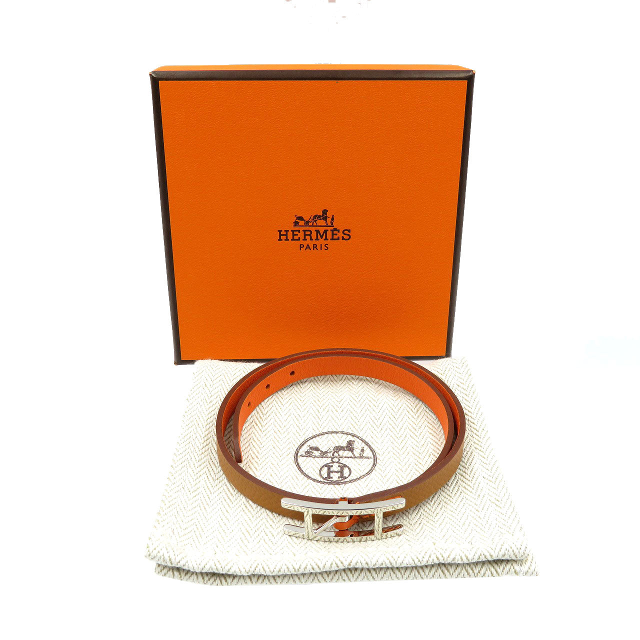 未使用 エルメス ビーアピ ドゥブルトゥール T刻印 スイフト シルバー金具 オレンジ ゴールド ブレスレット 0048【中古】HERMES