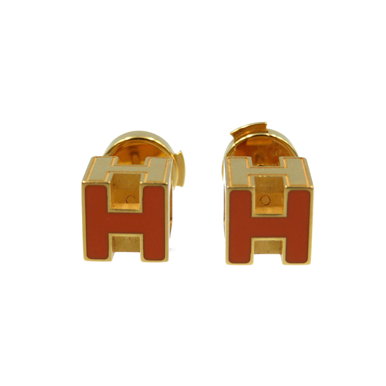 美品 エルメス Ｈキューブ カージュドアッシュ GP ゴールド オレンジ ピアス 0050【中古】HERMES