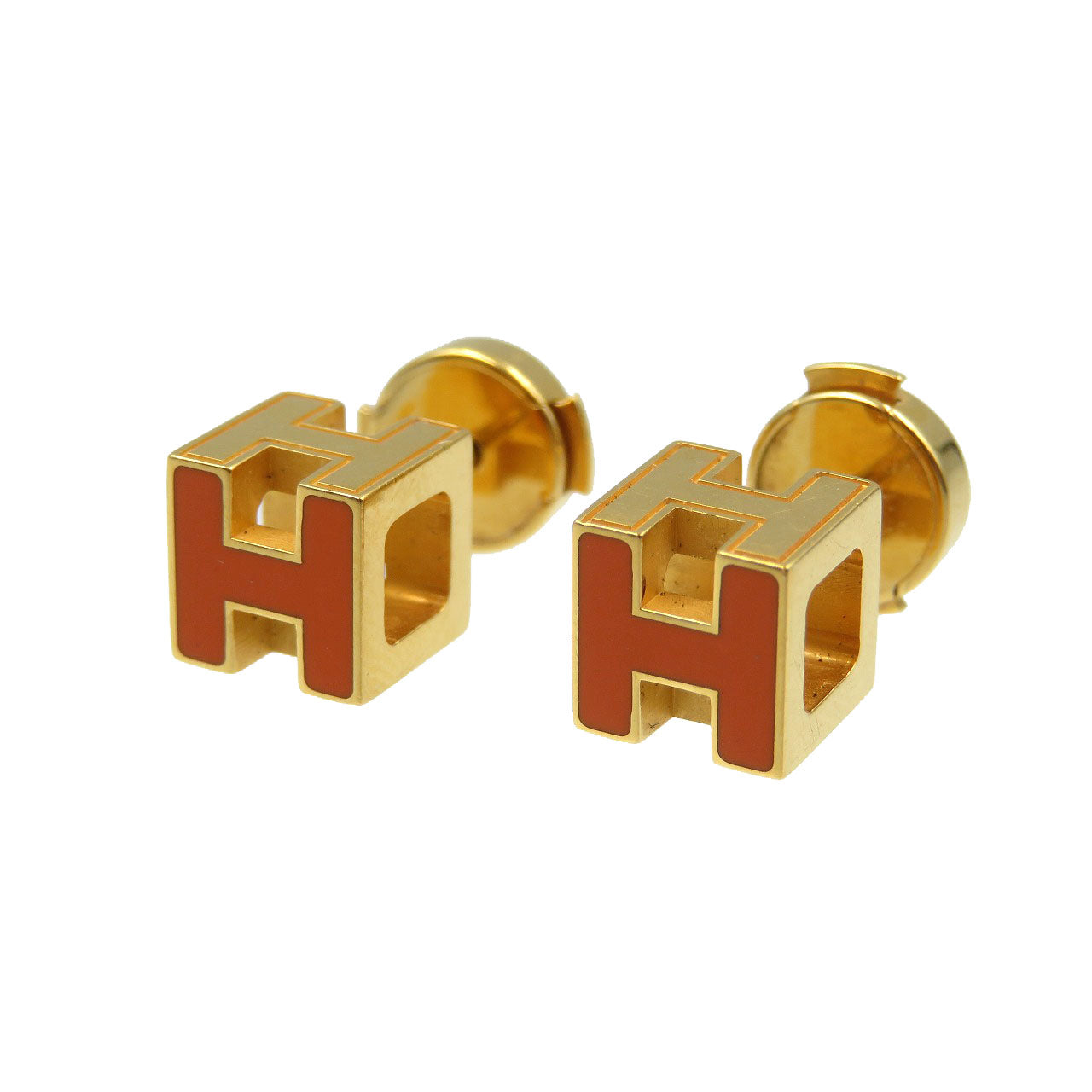 美品 エルメス Ｈキューブ カージュドアッシュ GP ゴールド オレンジ ピアス 0050【中古】HERMES