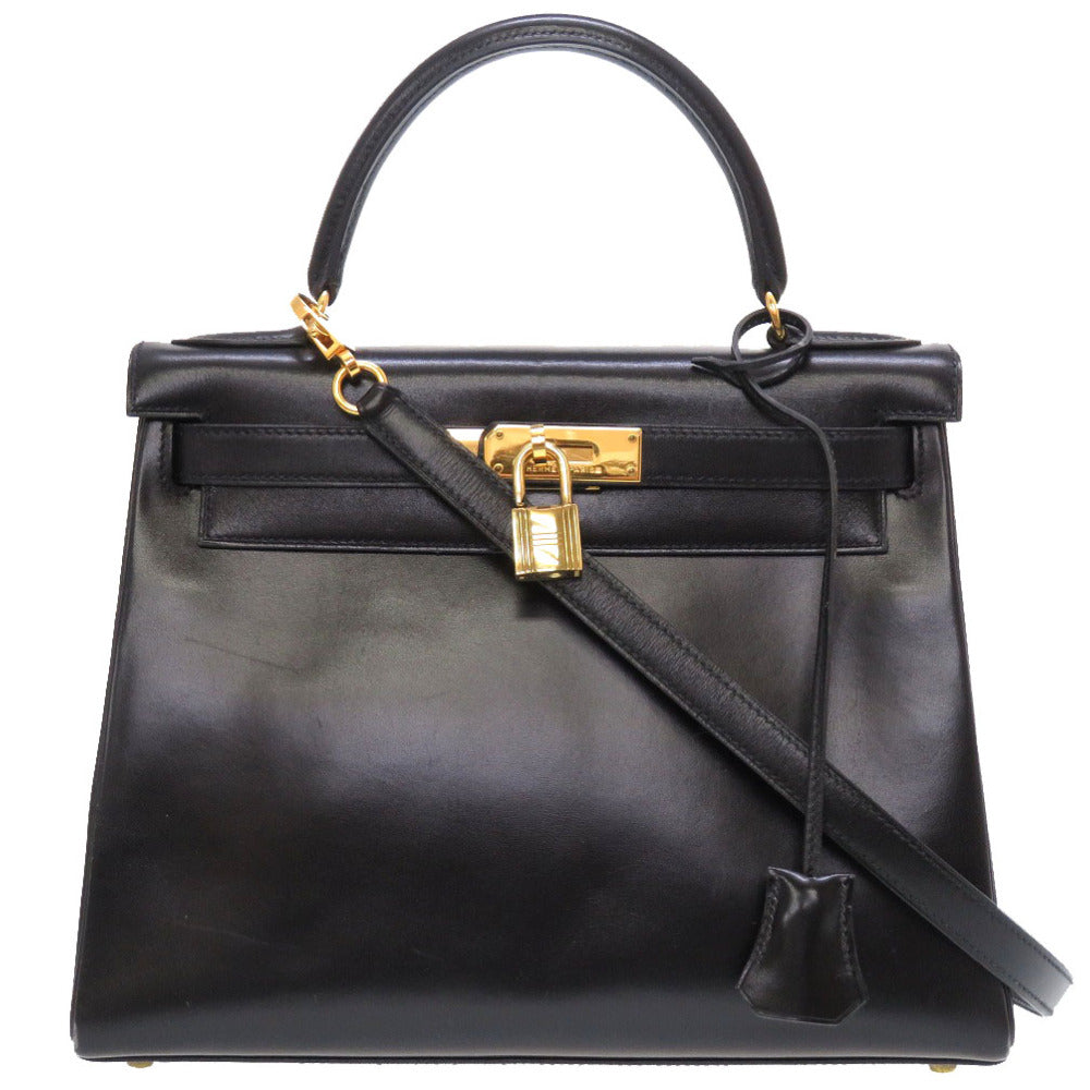 美品 エルメス ケリー28 内縫い ボックスカーフ ブラック ゴールド金具 〇X刻印 ハンドバッグ バッグ 黒 0026 【中古】 HERMES