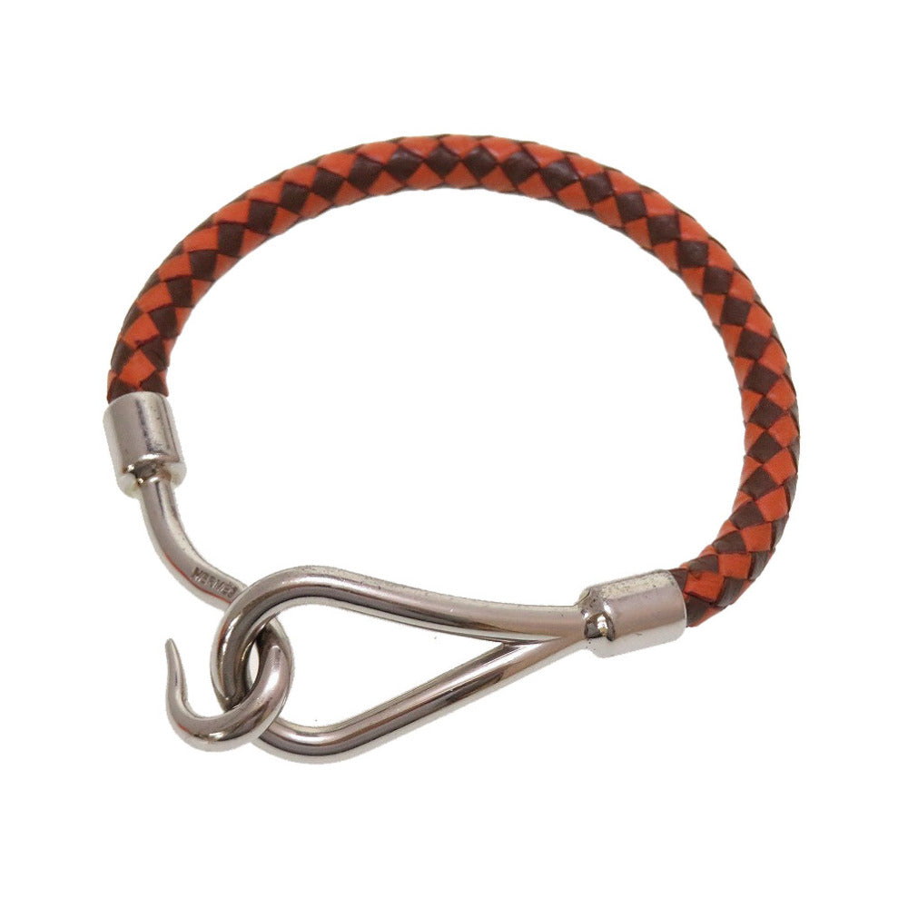 美品 エルメス ジャンボ 編み込み レザー ブラウン オレンジ シルバー 茶 ブレスレット 0059【中古】HERMES