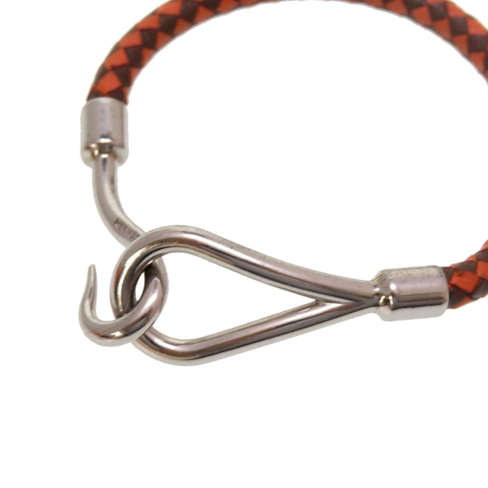 美品 エルメス ジャンボ 編み込み レザー ブラウン オレンジ シルバー 茶 ブレスレット 0059【中古】HERMES
