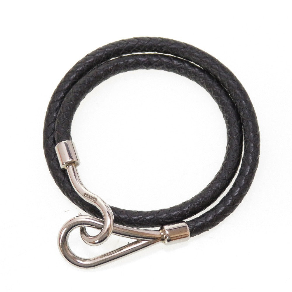 美品 エルメス ジャンボブレス レザー ブラック シルバー 黒 2連 ブレスレット 0062【中古】HERMES