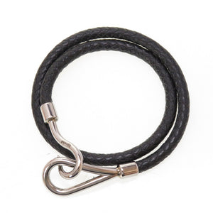美品 エルメス ジャンボブレス レザー ブラック シルバー 黒 2連 ブレスレット 0062【中古】HERMES