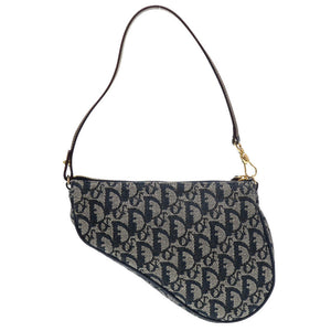 美品 クリスチャンディオール トロッター キャンバス ネイビー グレー 紺 サドルポーチ アクセサリーポーチ バッグ 0066【中古】Christian Dior