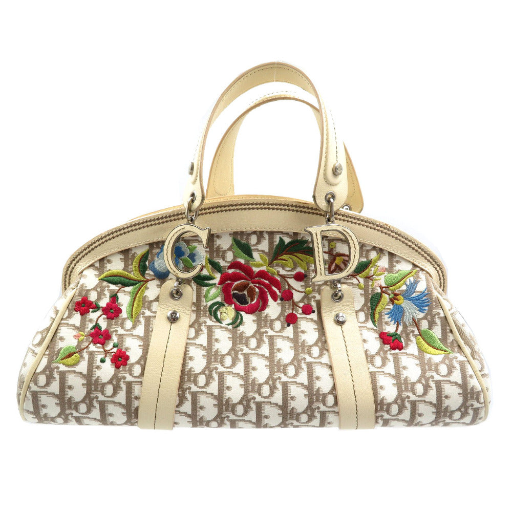 クリスチャンディオール トロッター フラワー刺繍 キャンバス レザー ベージュ 金具シルバー 0081 【中古】Christian Dior