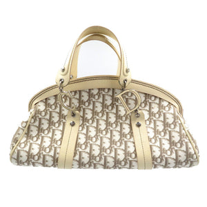 クリスチャンディオール トロッター フラワー刺繍 キャンバス レザー ベージュ 金具シルバー 0081 【中古】Christian Dior