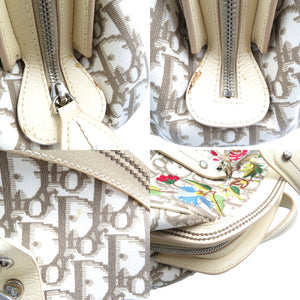 クリスチャンディオール トロッター フラワー刺繍 キャンバス レザー ベージュ 金具シルバー 0081 【中古】Christian Dior