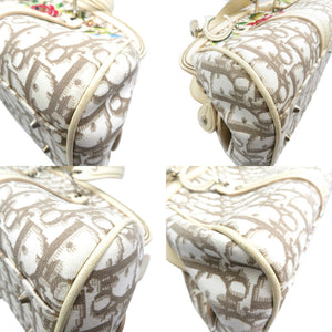 クリスチャンディオール トロッター フラワー刺繍 キャンバス レザー ベージュ 金具シルバー 0081 【中古】Christian Dior