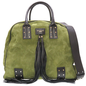 新品同様 バルマン スエード カーキ ブラック W7HA211Z004 トートバッグ バッグ 緑 黒 0130 【中古】 BALMAIN メンズ