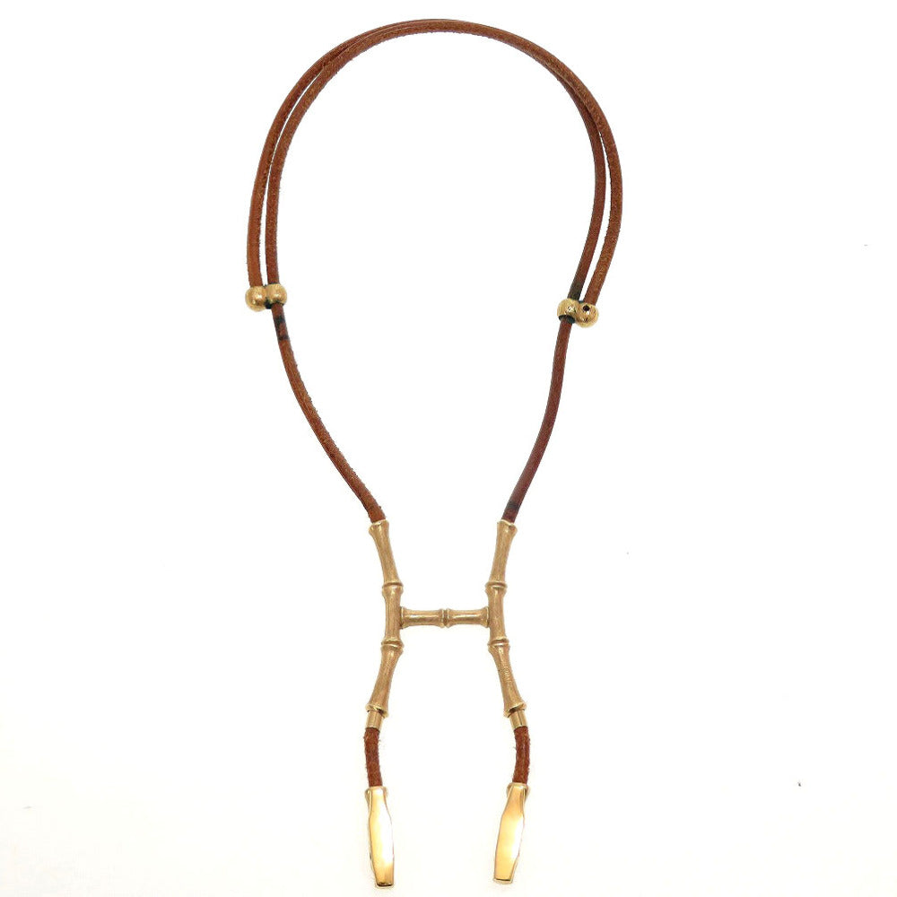 エルメス バンブーホルダー ヴィンテージ レザー メタル ブラウン 茶 チョーカー ネックレス 0136【中古】HERMES