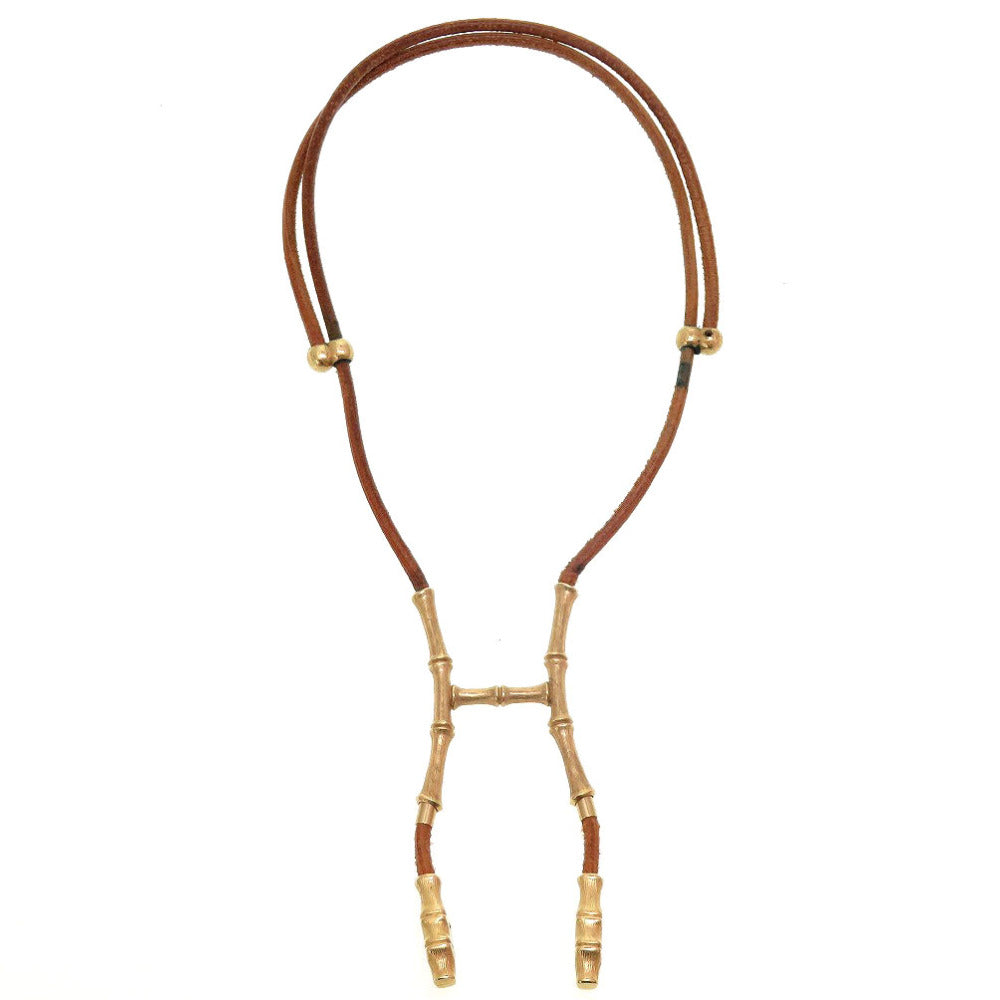 エルメス バンブーホルダー ヴィンテージ レザー メタル ブラウン 茶 チョーカー ネックレス 0136【中古】HERMES