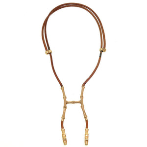 エルメス バンブーホルダー ヴィンテージ レザー メタル ブラウン 茶 チョーカー ネックレス 0136【中古】HERMES