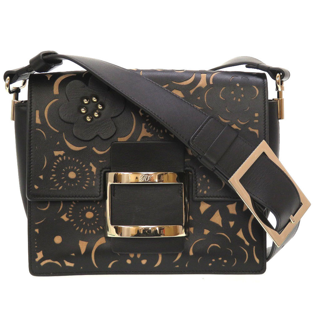 新品同様 ロジェヴィヴィエ フラワー カットワーク レザー ブラック 黒 ベージュ ショルダーバッグ 0140【中古】Roger Vivier