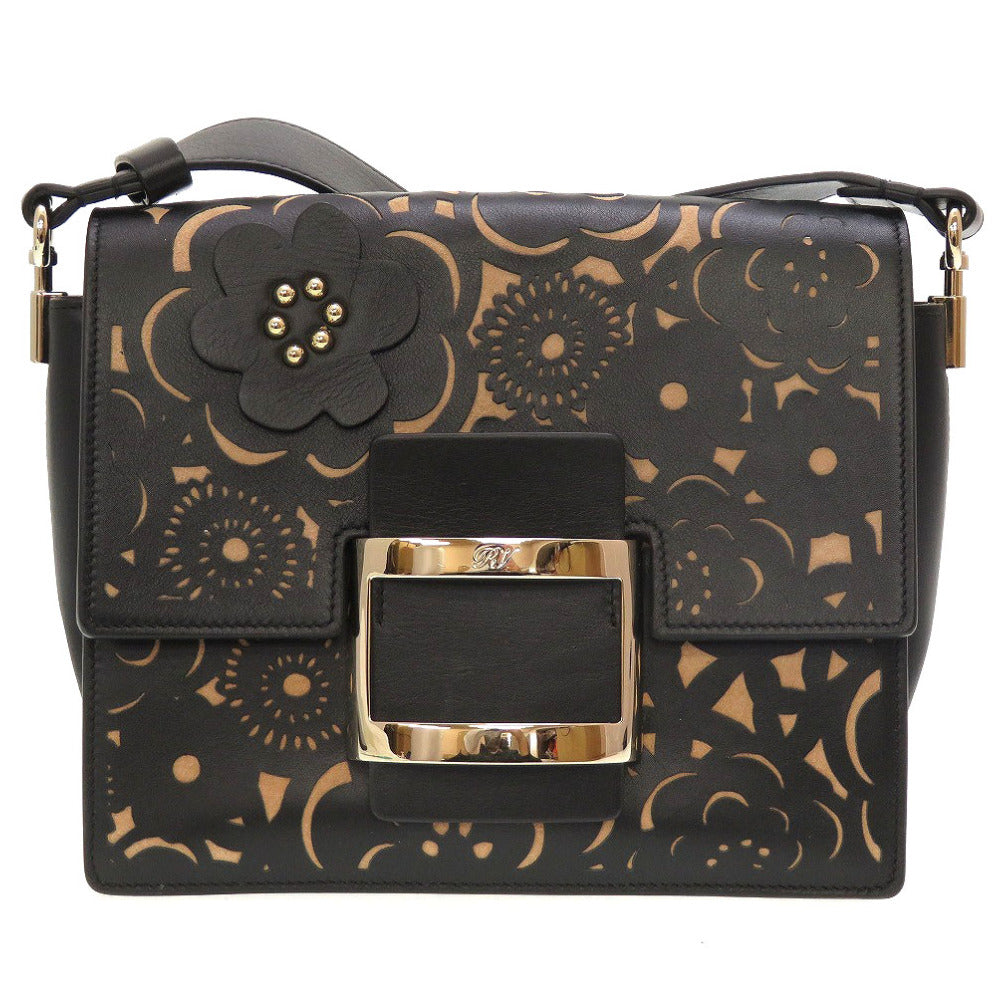 新品同様 ロジェヴィヴィエ フラワー カットワーク レザー ブラック 黒 ベージュ ショルダーバッグ 0140【中古】Roger Vivier