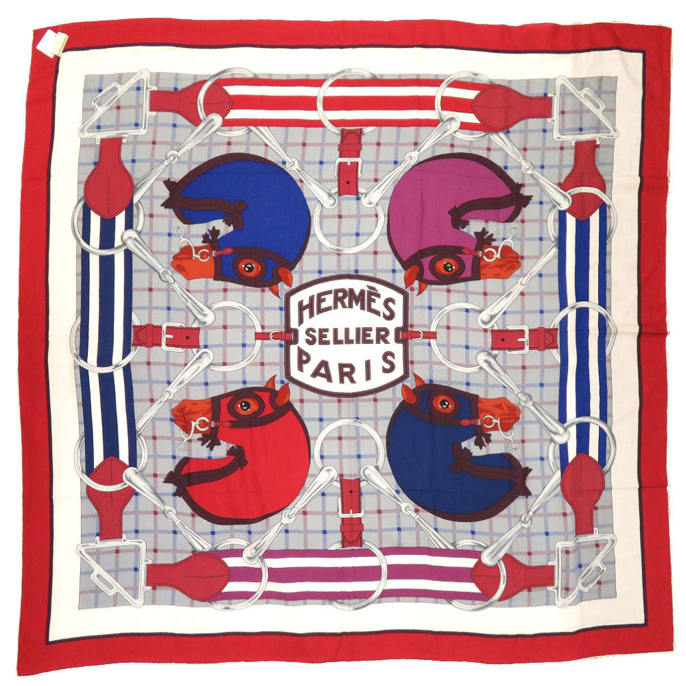 新品同様 エルメス カレ140 SELLIER 競走馬 馬  カシミヤ シルク ルージュアッシュ ストール スカーフ 赤 0155 【中古】 HERMES