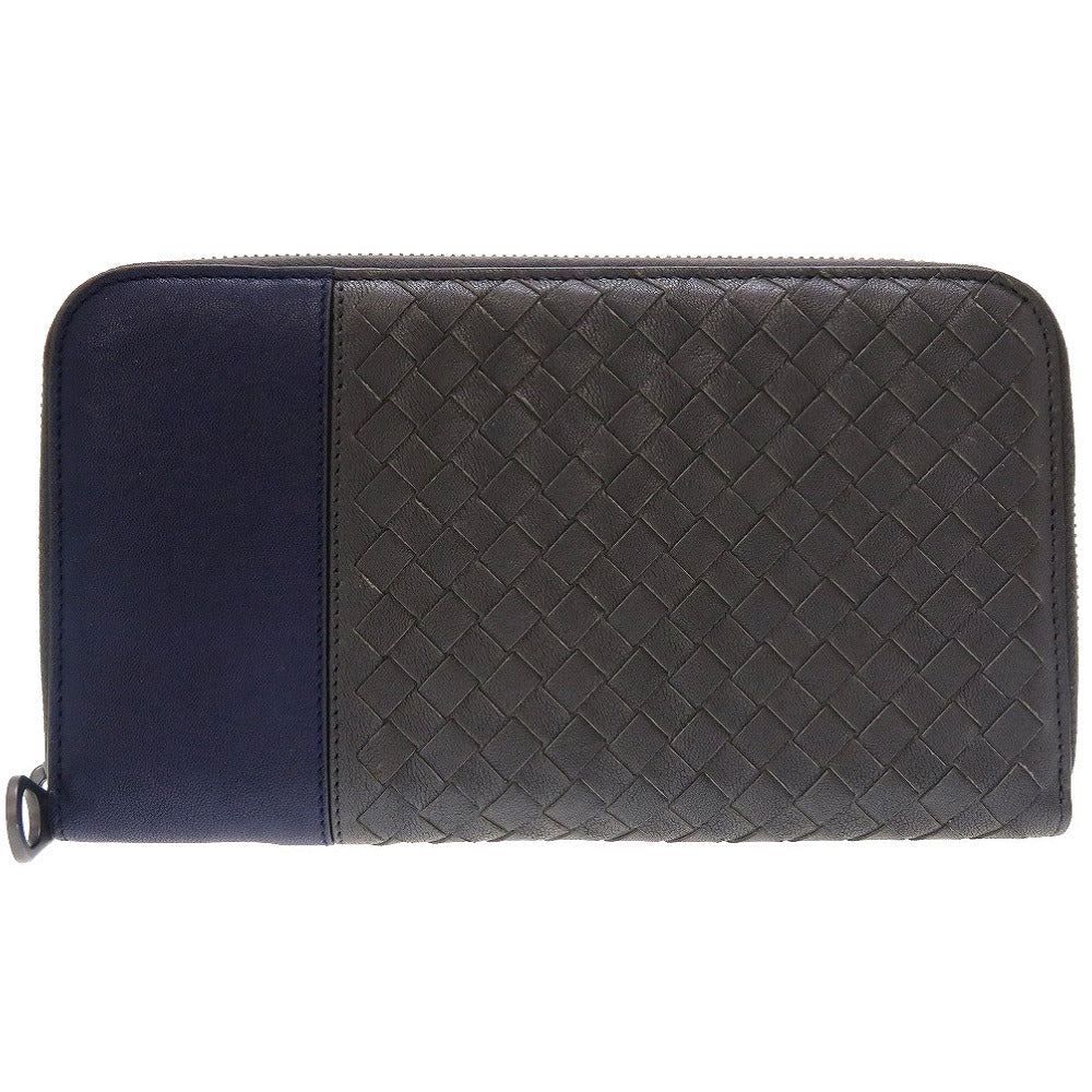 新品同様 ボッテガ ヴェネタ イントレチャート レザー グレー ネイビー 紺 ラウンドファスナー 長財布 財布 0048【中古】BOTTEGA VENETA