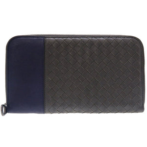 新品同様 ボッテガ ヴェネタ イントレチャート レザー グレー ネイビー 紺 ラウンドファスナー 長財布 財布 0048【中古】BOTTEGA VENETA