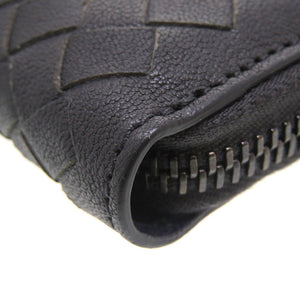 新品同様 ボッテガ ヴェネタ イントレチャート レザー グレー ネイビー 紺 ラウンドファスナー 長財布 財布 0048【中古】BOTTEGA VENETA