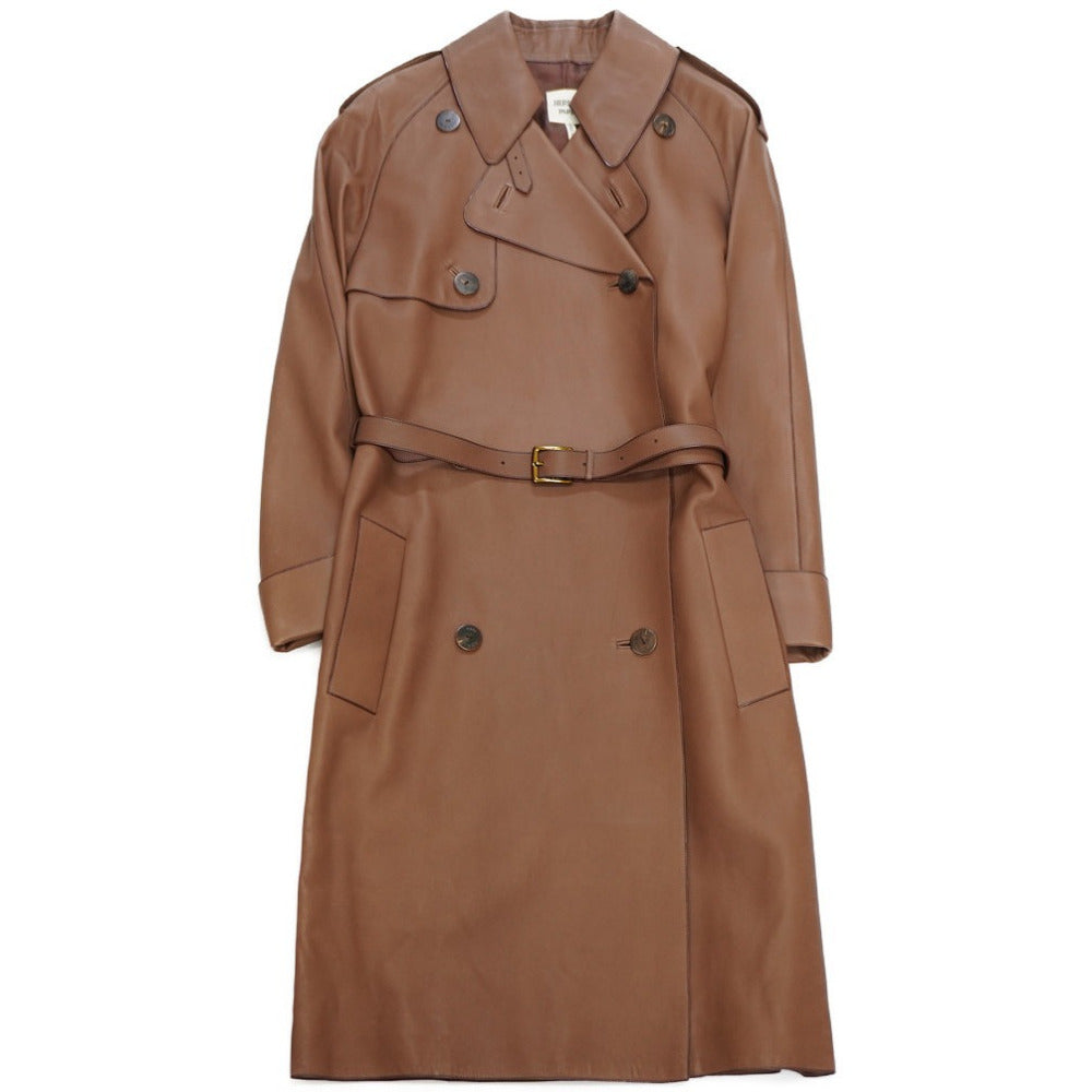 新品同様 エルメス レザー ロング トレンチコート 羊革/シルク サイズ36 ブラウン 0073【中古】HERMES レディース