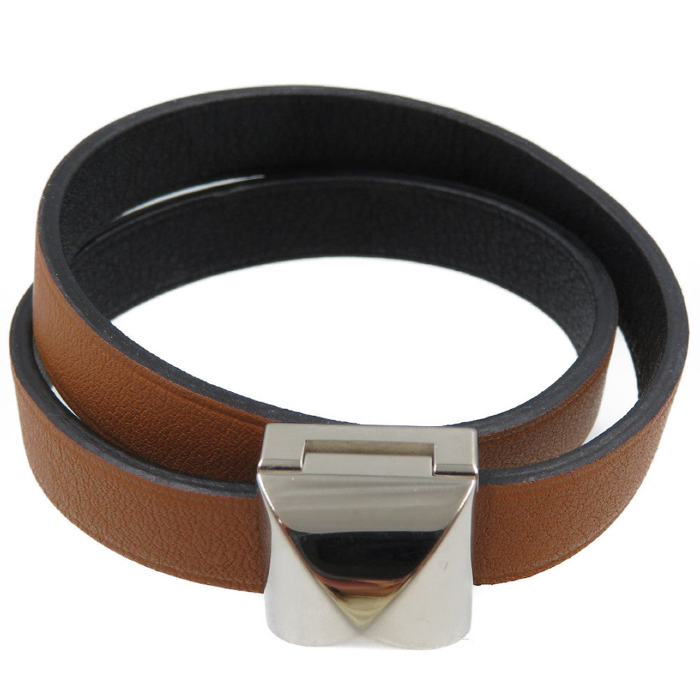 新品同様 エルメス メドール アンフィニ ドゥブルトゥール A刻印 レザー メタル ブラウン  ブレスレット  0095【中古】HERMES