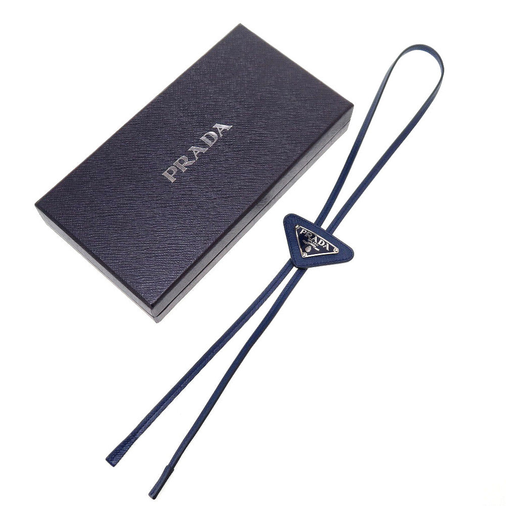 未使用 プラダ トライアングルロゴ 2IC027 サフィアーノレザー ネイビー 紺 ループタイ ボロタイ 0127【中古】PRADA