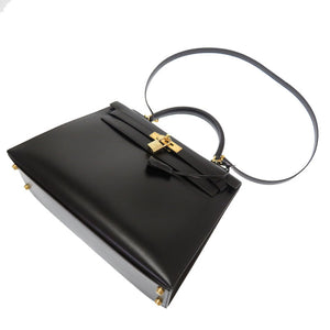 新品同様 エルメス ケリー32 ギロッシュ 外縫い ボックスカーフ ブラック ゴールド金具 □G刻印 ハンドバッグ バッグ 黒 0028 【中古】 HERMES ケリーギロッシュ
