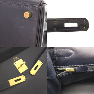 美品 エルメス ケリー32 内縫い ボックスカーフ ネイビー ゴールド金具 □E刻印 ハンドバッグ バッグ 紺 0029 【中古】 HERMES