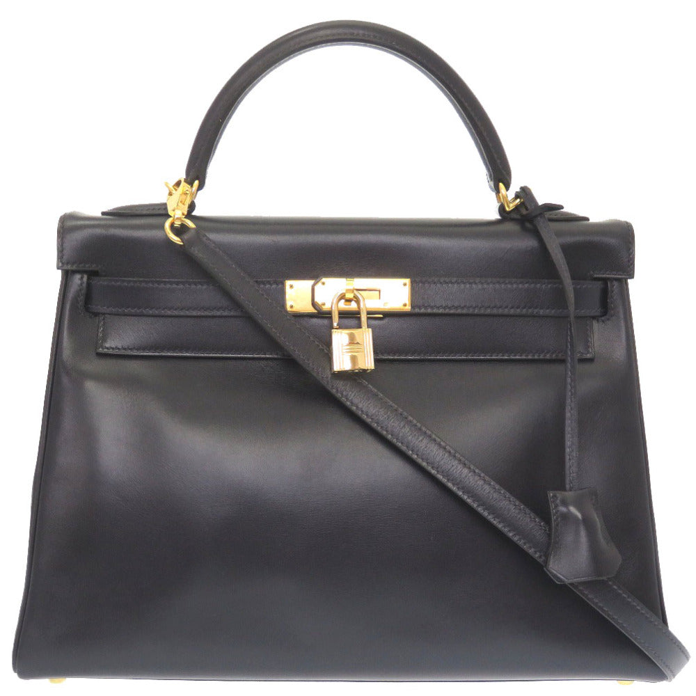 美品 エルメス ケリー32 内縫い ボックスカーフ ネイビー ゴールド金具 □E刻印 ハンドバッグ バッグ 紺 0029 【中古】 HERMES