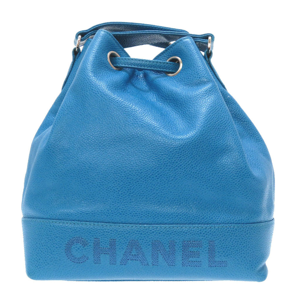 美品 シャネル キャビアスキン ブルー 4番台 ロゴ 巾着 シルバーチェーン ショルダーバッグ バッグ 青 0100 【中古】 CHANEL